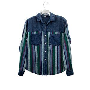 Vintage 90s Huntington Ridge Denim Shirt Womens M 1993 Striped Button Up